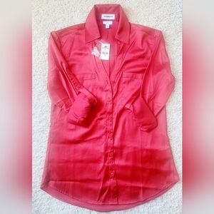 NWT Express Womens XSmall Red Portofino Button Up Blouse Roll Tab Long Sleeve